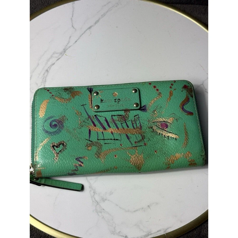 Kate Spade Jazzy Metro Green Patent Leather Zip Around Wallet Custom Art As Is